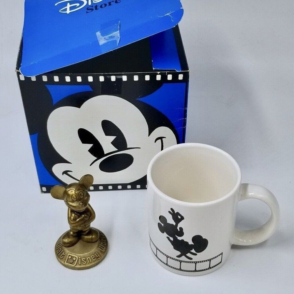 Vintage Walt Disney World Mickey Mouse White MGM Mug Box Brass Bell Lot 3